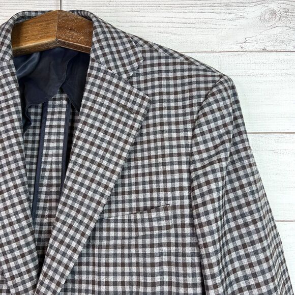 Byron British Style Check Plaid Blazer Jacket Sport Suit Coat 44R Wool Brown - Picture 4 of 12